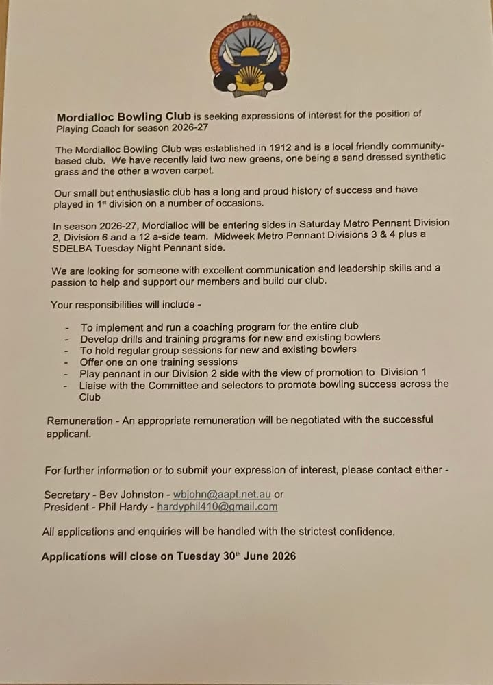 Featured image for “Playing Coach Position at Mordialloc Bowls Club”